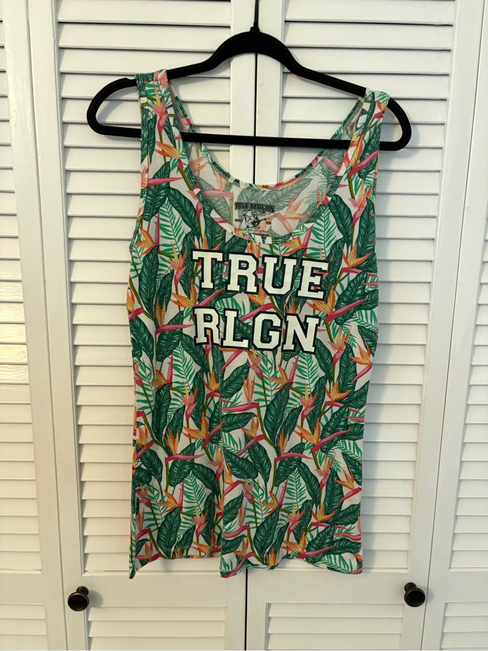 True Religion Tropical Leaf Print Tank Top - Green & Pink